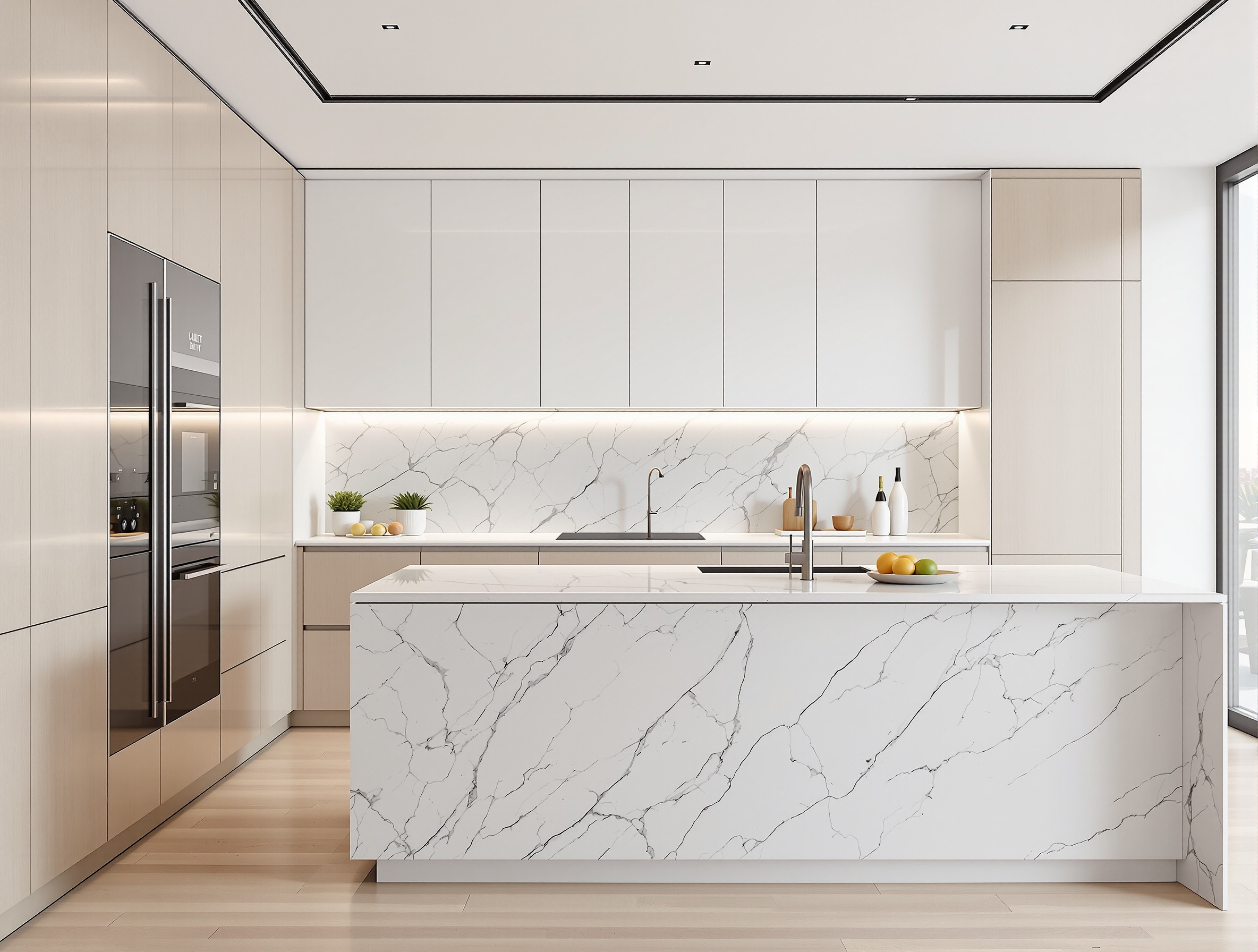 Jumeirah Village Circle — Pale oak & Calacatta · 11 m²