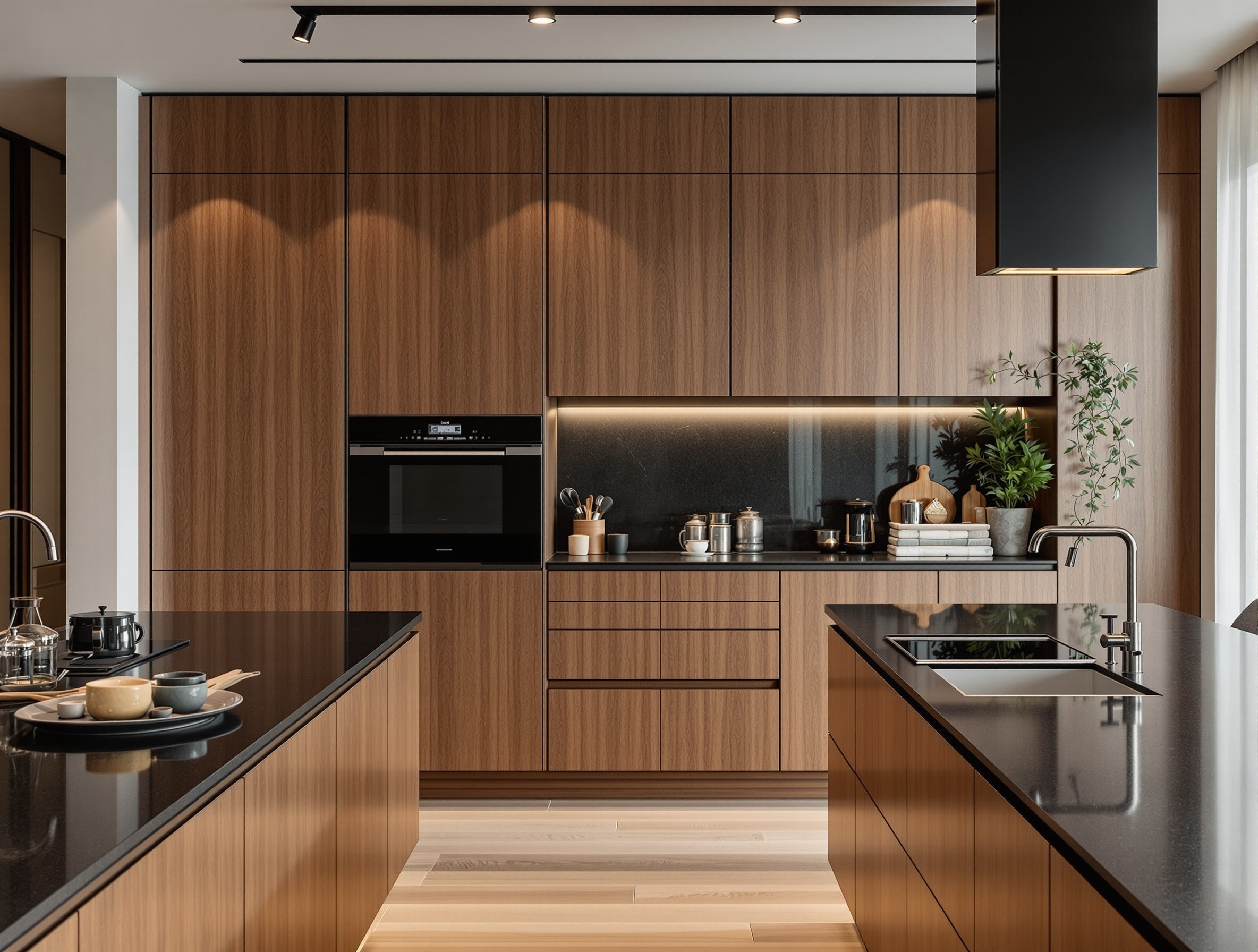 Downtown Dubai — Walnut veneer & black stone · 13 m²
